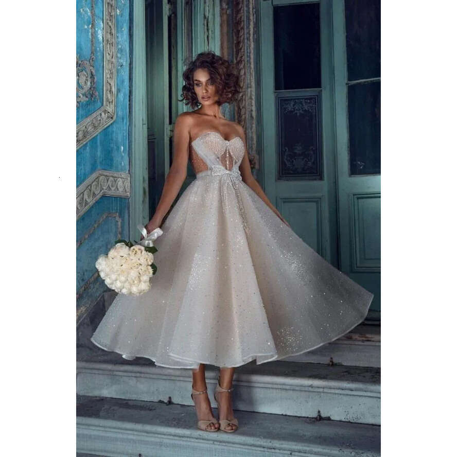 Romantic Lace Tea Length Dresses Summer Sparkg Sweetheart Tulle Beaded Bow Tie Beach Garden Wedding Dress Pregnant Bridal Gowns Bc10190