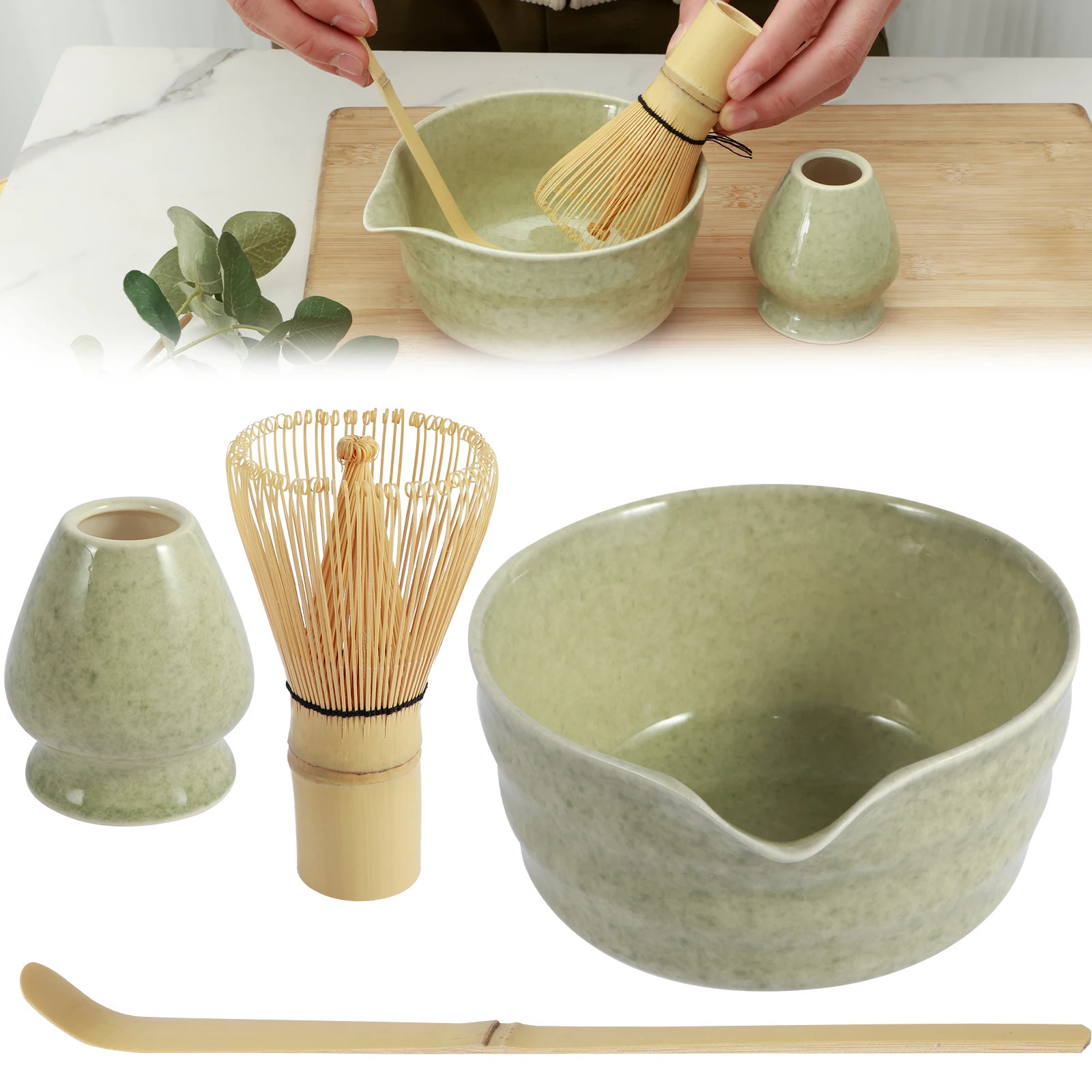 4Pcs Japanese Matcha Set with Ceramic Bowl Bamboo Matcha Whisk and Tea Scoop for Tea Lovers Gifts Tea-making Tools Accessories 241125