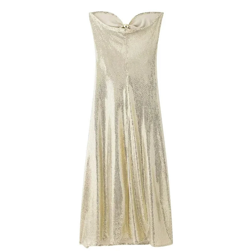 TRAF sexy cut sequin dress womens sparkling strapless party dress womens Midi shoulder dress body backless long dress 241125