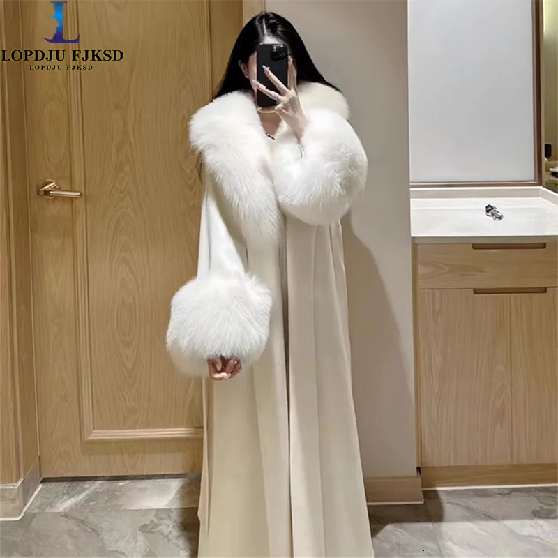 Womens Cashmere JacketKorean Open Stitch Coat Lace-up Fur Collar Blends Female Clothes Loose Long Overcoat Autumn Winter 241126