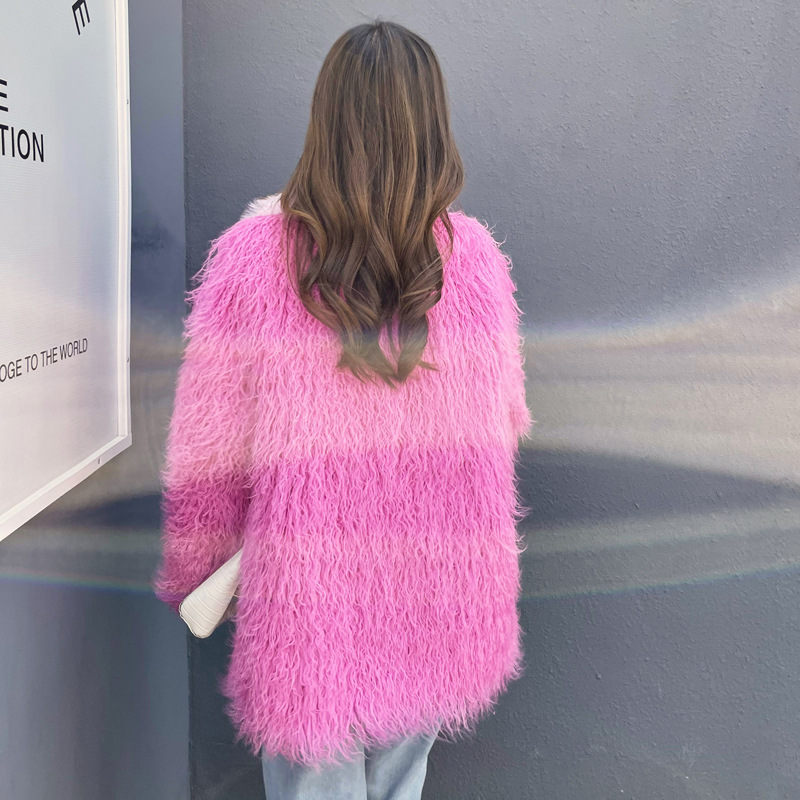 Women's Fur European and American fur imitation beach wool medium long Toka lapel peach pink fur spliced lamb wool jacket