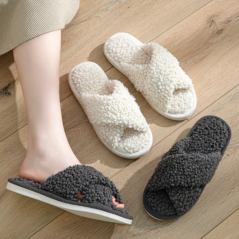 Fashionable cross band fuzzy slider for womens indoor slider warm plush for womens slider comfortable for winter soft bottom cotton slider 241126