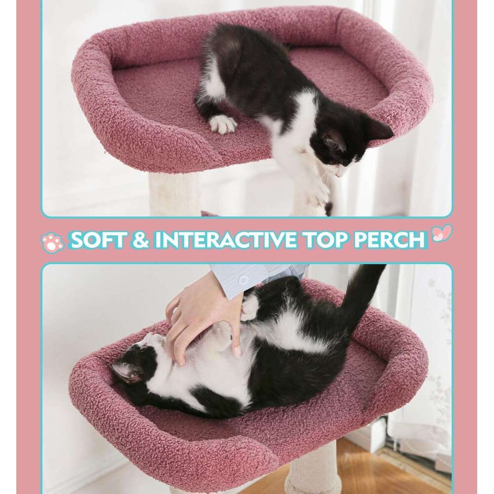 Made4Pets Cat Tree, Cat Tower Indoors Cute Wood Kitty Condo with Scratching Post Pad, 29" Multi-Level Modern Activity Climbing Furniture, Pink, 3