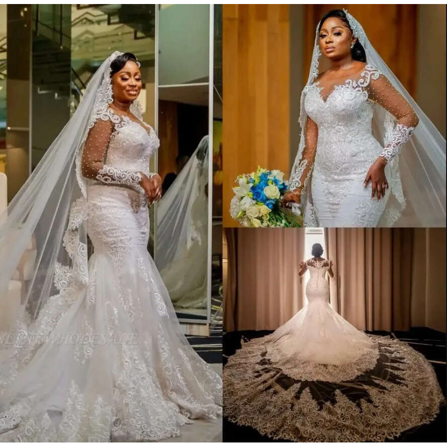 2023 Lace Mermaid Sheer Long Sleeves Pearl Beaded Wedding Dresses African Plus Size Bridal Gowns Bc15031 0215