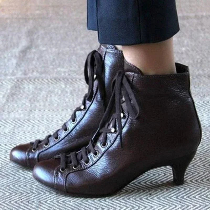 Fashion Women Low Kitten Heel Ankle Boots Victorian Round Toe PU Leather Shoes Steampunk Lace Up Retro Jeans Boots 241126