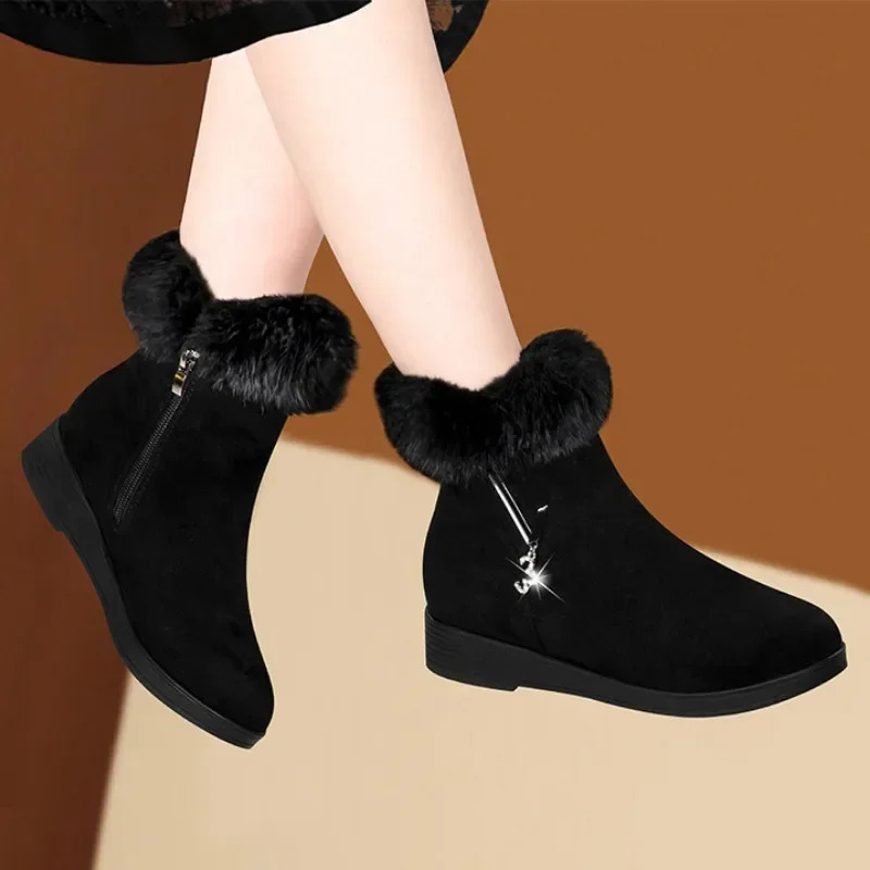 Womens ankle boots 2024 snow boots winter thick cotton shoes flat bottom plush zipper warm and comfortable anti slip cotton boots 241126