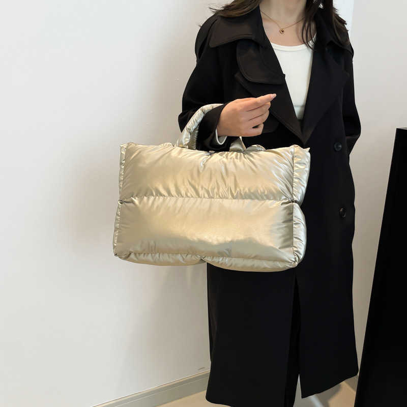 Down bag, cotton jacket, women's bag, simple clip on cotton space bag, shiny surface, hand-held shoulder bag, large capacity tote bag 241126
