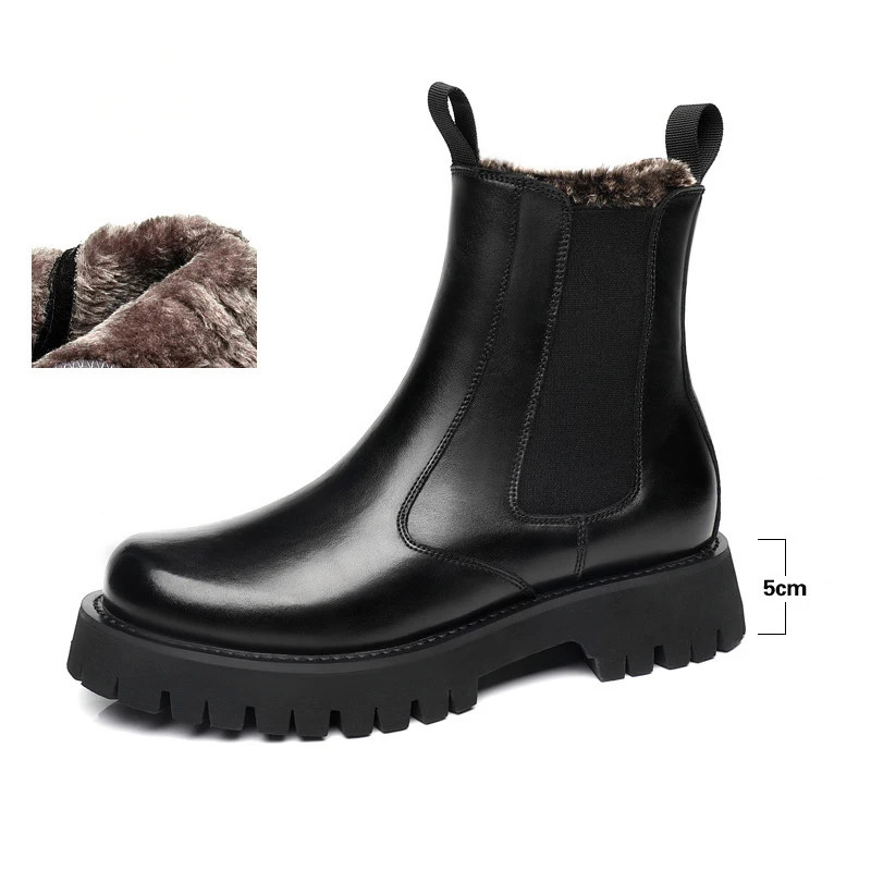 Winter Men Chelsea Rubber Boot Invisible Heel Men Lifted Boots Men Leather Platform Boots Height Increasing 241114