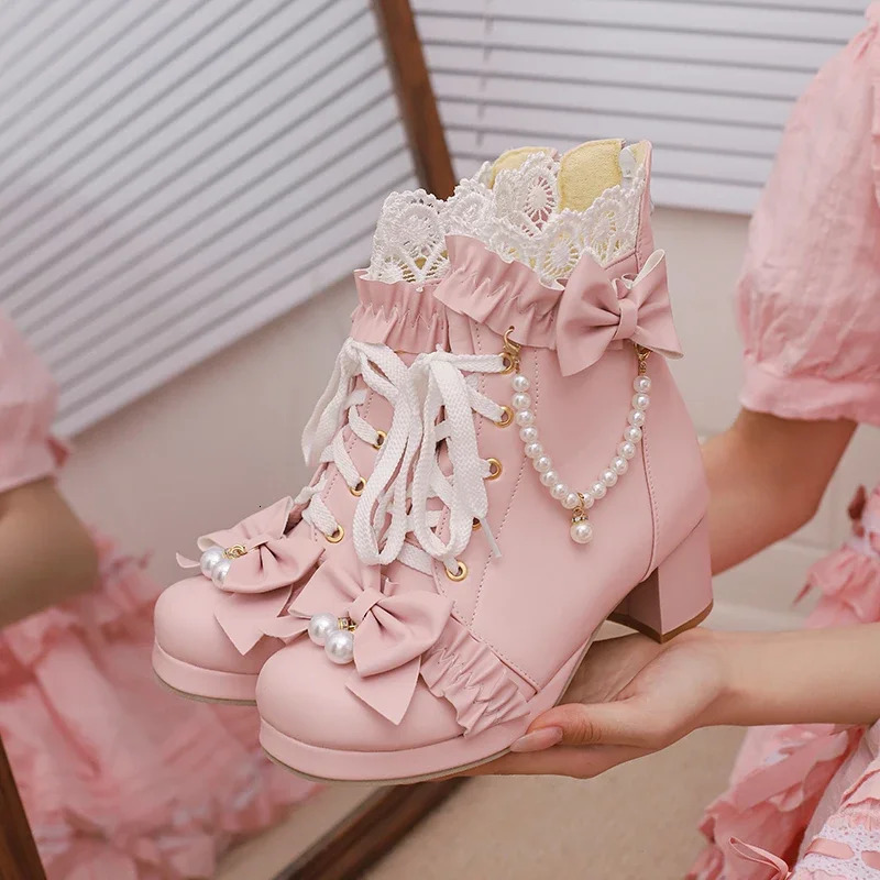 Autumn Winter Womens Ankle Boots Plus Size 22-28CM PU Upper Modern Boots Lace Pearl Chain Bow Lolita Thick Foot Boots 241126