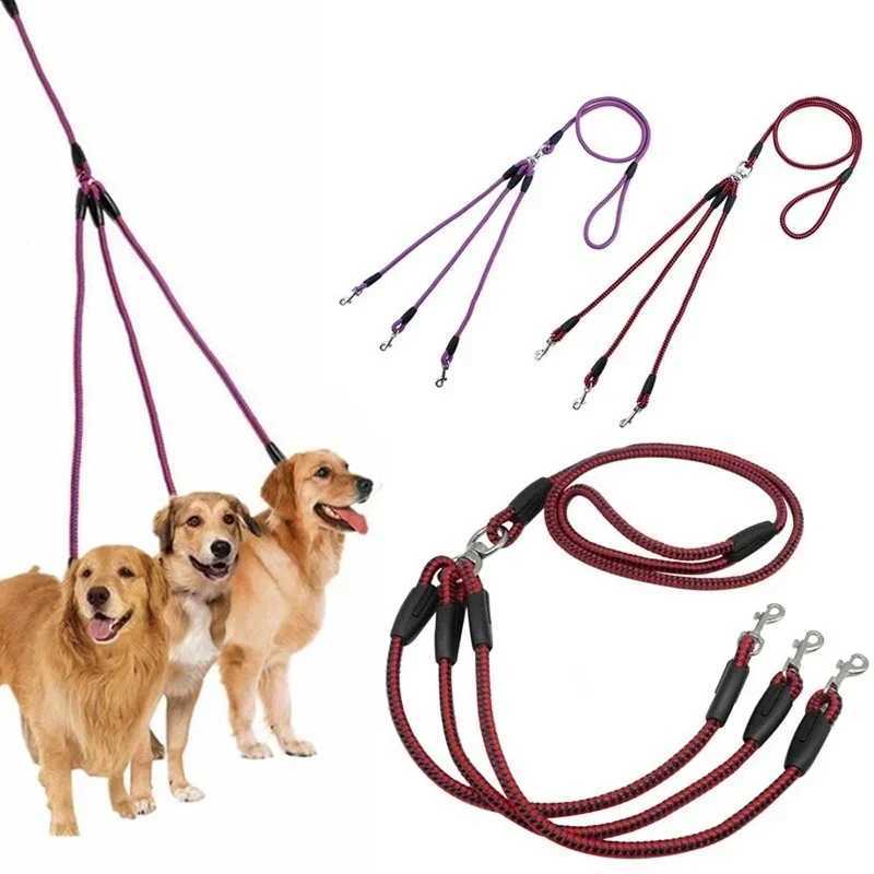 Adjustable nylon 3-way tangle free walking belt for three pairs of pet dogs with lead and paddle soft handle separation for 3 seconds lead M241125