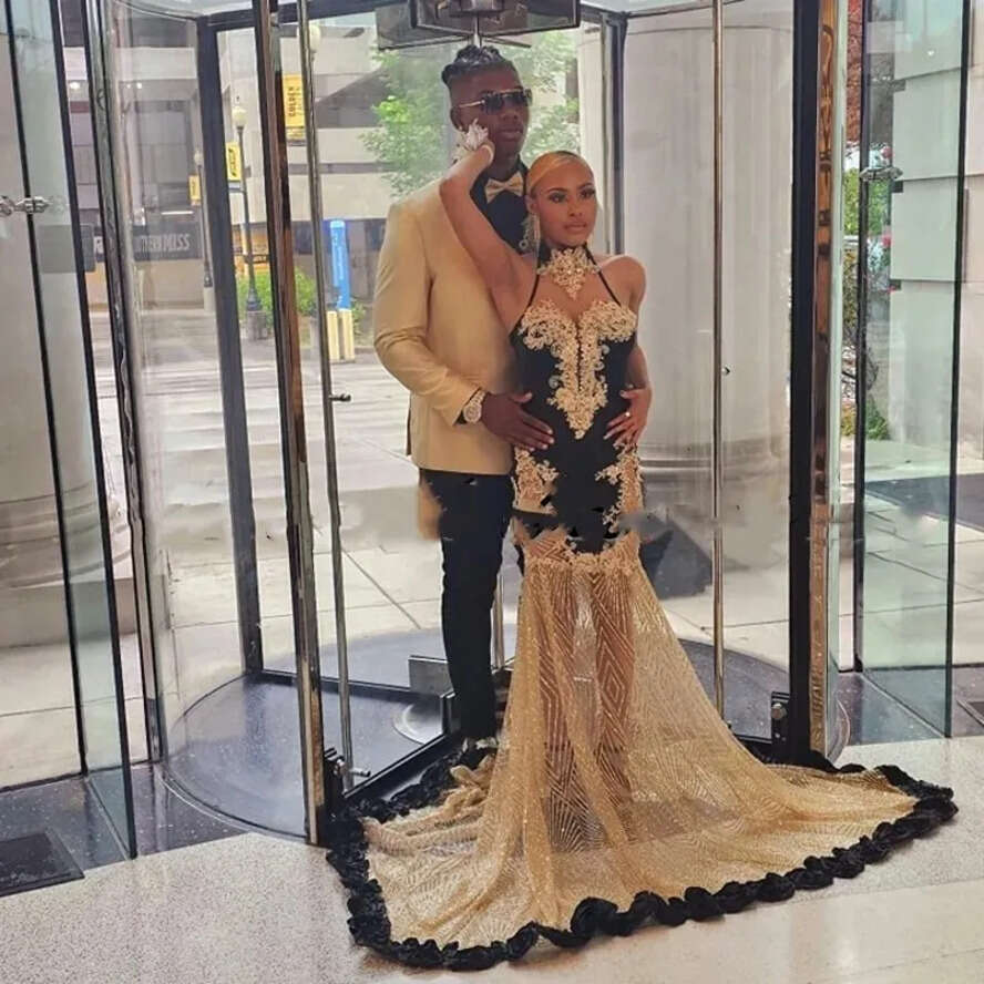 And Gold Elegant Sequin Prom Dress For Black Girls High Neck Lace Applique Party Gowns Vestido De Festa Gala 0218