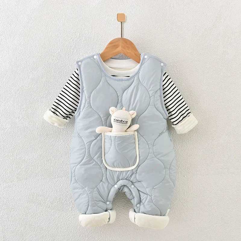 Clothing Sets Autumn Winter Baby Boy Girl Rompers Newborn Plush Thick Cotton Set Warm Striped Top+Jumpsuit with Doll 2pcs Casual Baby Clothes H241126