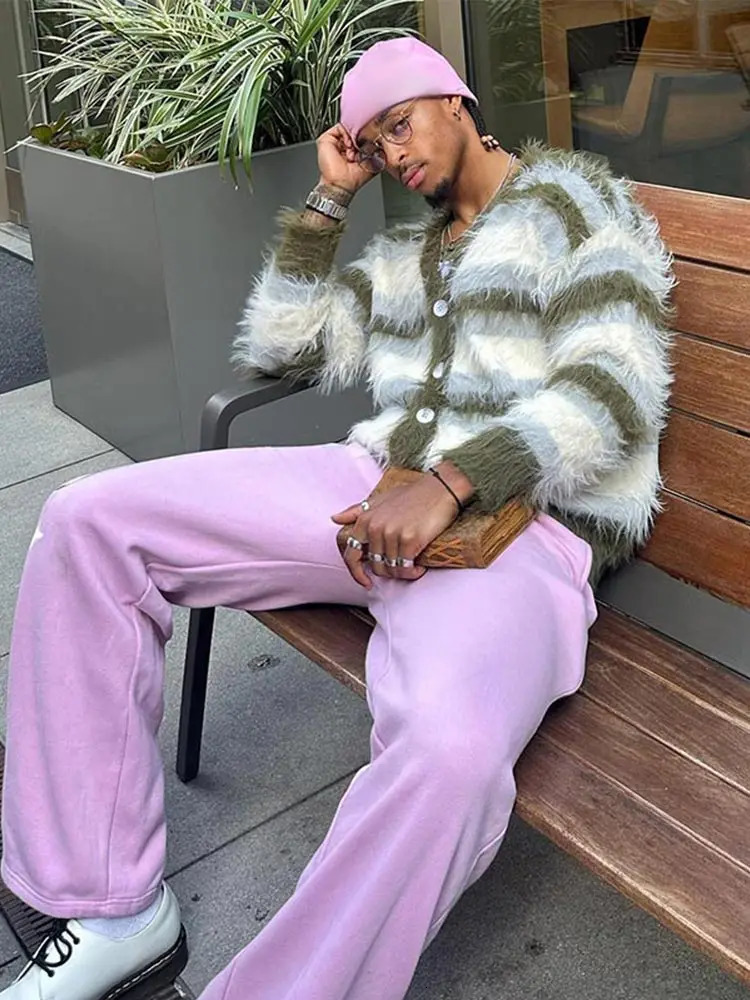 Mens V-neck long sleeved striped plush cardigan casual and comfortable Harajuku loose sweater autumn mens high street top 241126