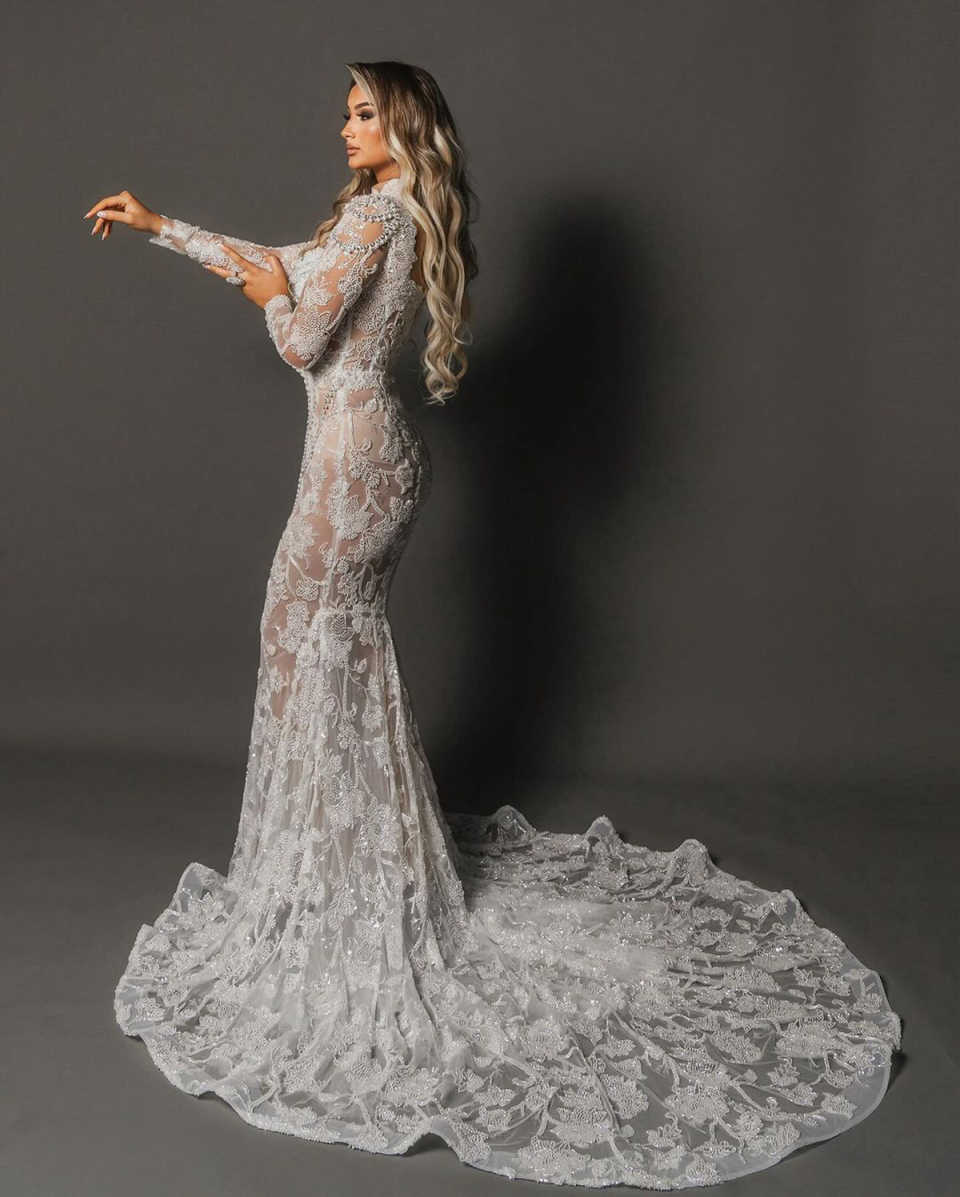 Designer Mermaid Evening Dresses For Women Sequins Pearl Gown High Neck Long Sleeves Sweep Train Customized Dress Party Prom