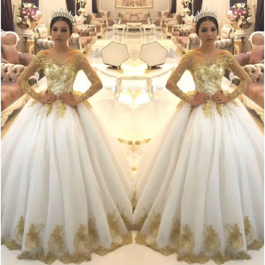 Elegant Sheer Long Sleeves Lace A E Dresses Arabic Organza Gold Applique Beaded Court Train Wedding Bridal Gowns Bc1704