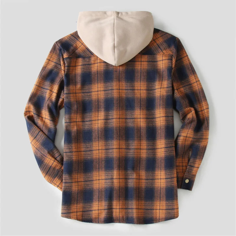 Mens casual hooded plain woolen sweater with warm velvet lining for autumn and winter flannel shirt for mens Camisas De Hombre 241126
