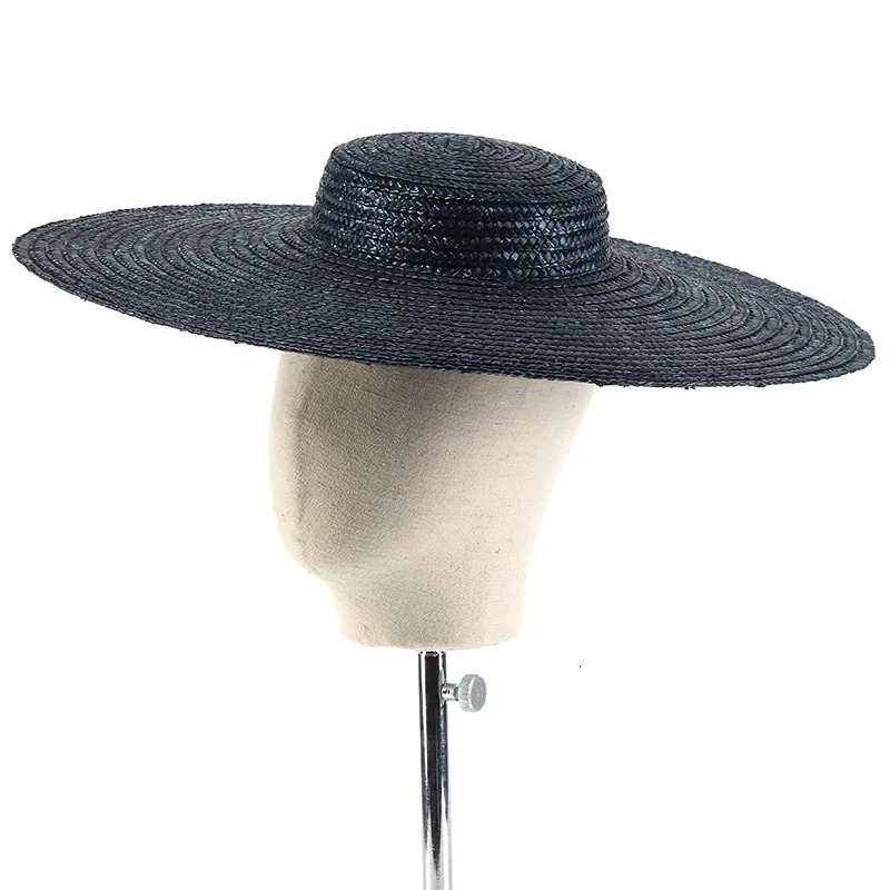 15cm wide Brim straw hat flat top summer beach hat womens ribbon rowing hat gray black pink blue with shoulder strap 241125