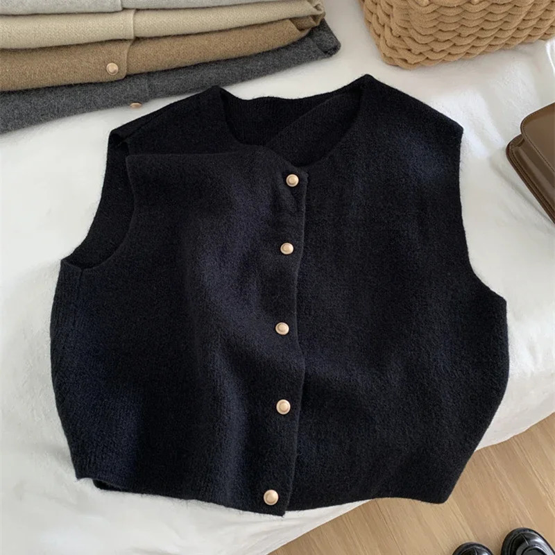 Autumn Knitted Cardigan Women Korean Elegant Sleeveless Sweater Tanks Casual Fashiona Slim Female Tops Gray Vest 241121