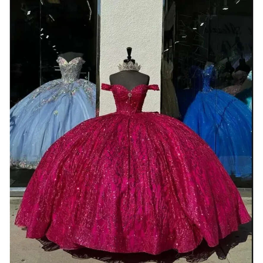 Fabulous Fuia Princess Dresses Sparkly Prom Ball Gown Off Shoulder Glitter Sequins Dia Vestido De Quinceanera Bow 15 Masquerade Dress 1007
