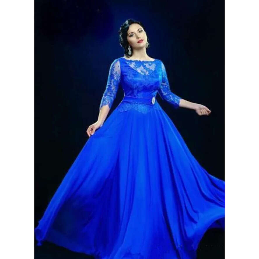 Royal Blue Sheer Evening With 3 4 Sleeve Formal Party Long Prom Gowns Dress Plus Size Special Ocn Dresses