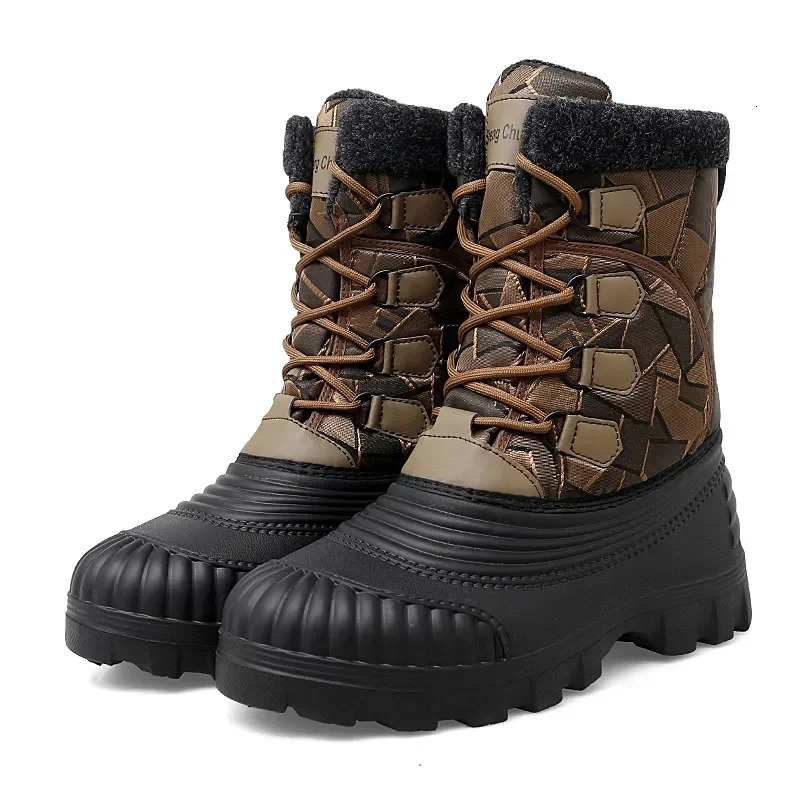 High top winter camouflage boots warm and thick plush mens outdoor walking shoes waterproof snow boots mens cotton shoes mens lace boots 241126