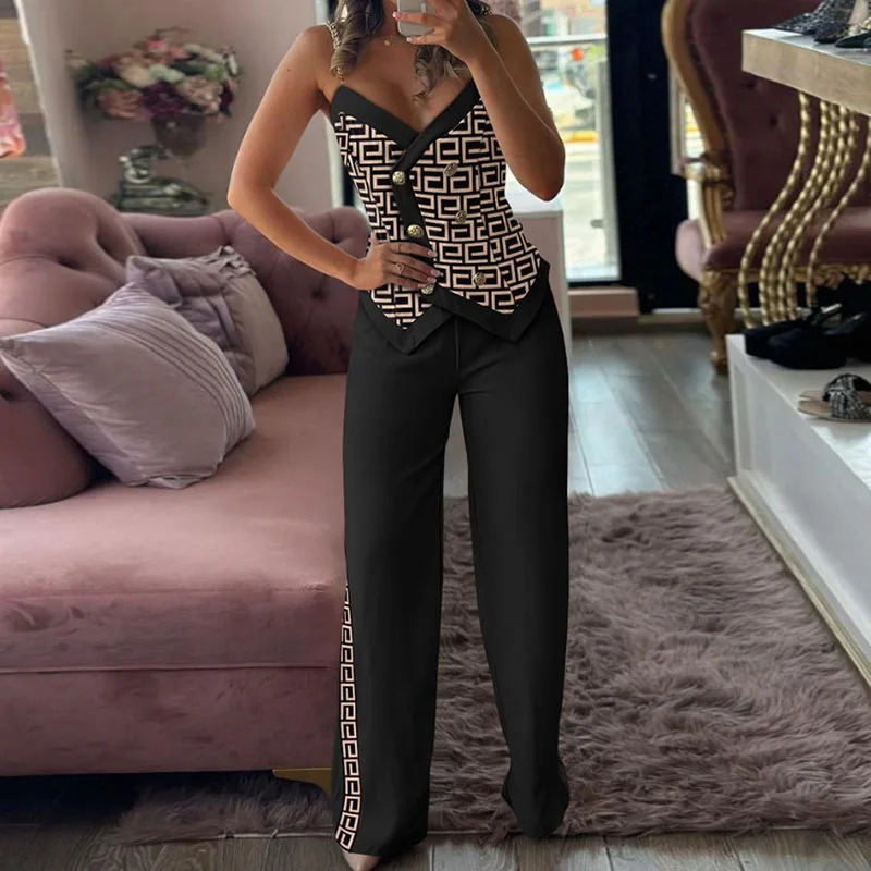 Elegant Double Breasted Sling Printing Sets For Women Summer Fashion Sleeveless Sexy Off-shoulder Long Pants Female Party Suits 240415
