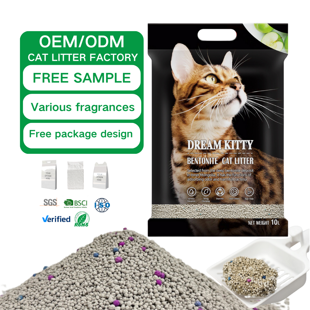 Wholesale custom 5L 10L Lemon Apple Lavender Odor dust free ARENA PARA GATOS clumping colorful Premium Bentonite cat litter sand