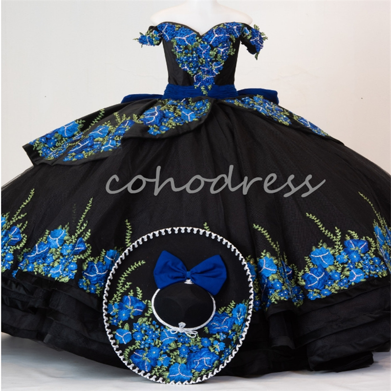 Black And Blue Mexican Quinceanera Dresses Charro Off Shoulder Appliques Vestido De 15 Anos Corset Bow Birthday Party Gown Elegant Sweet 16 Dress 2025
