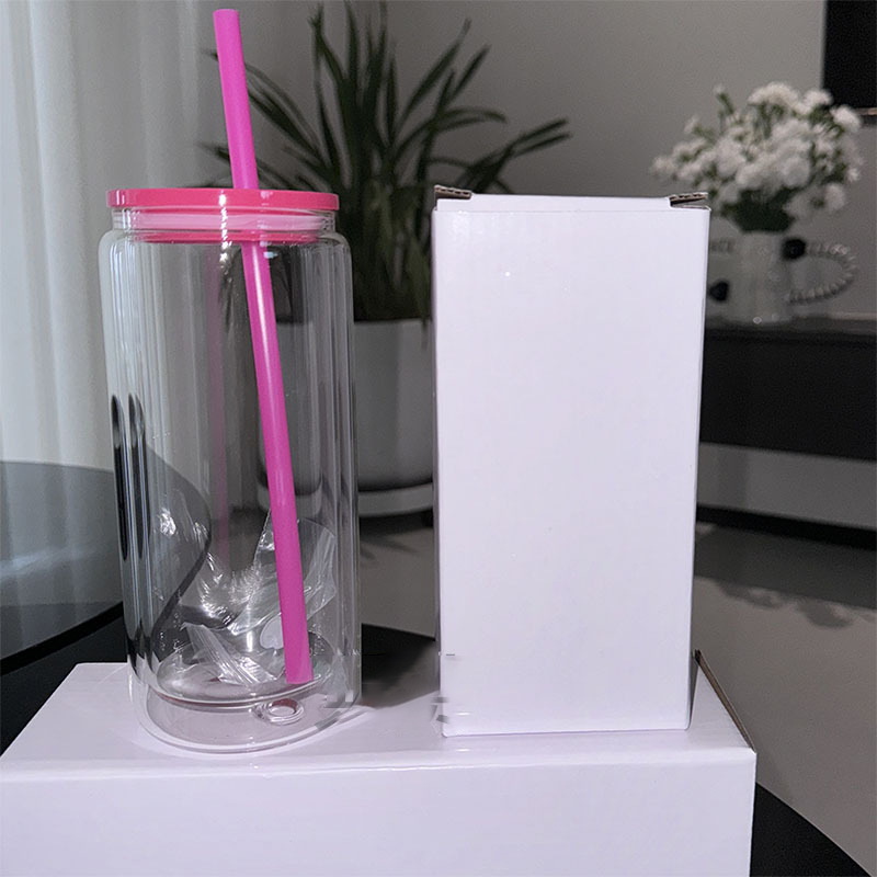 16oz 20oz Double Wall Sublimation Glass Can Snow Globe glass Tumbler Beer Glass Clear Drinking Glasses With Bamboo Colored Lid