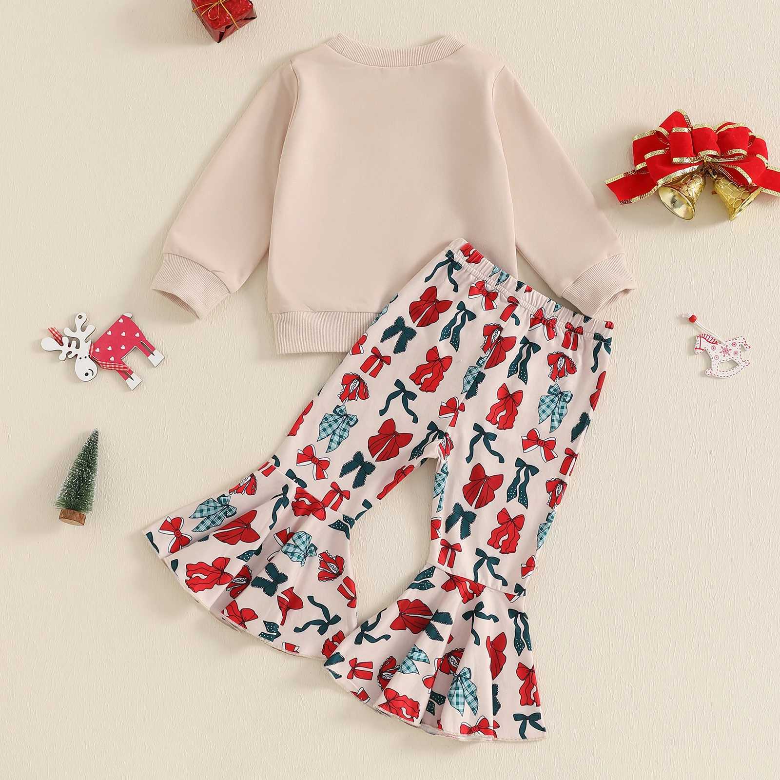 Clothing Sets 1-4Years Kids Baby Girl Christmas Outfits Fashion Autumn Bow Print Long Sleeve Sweatshirt with Flare Pants 2Pieces Toddlers Sets H241126