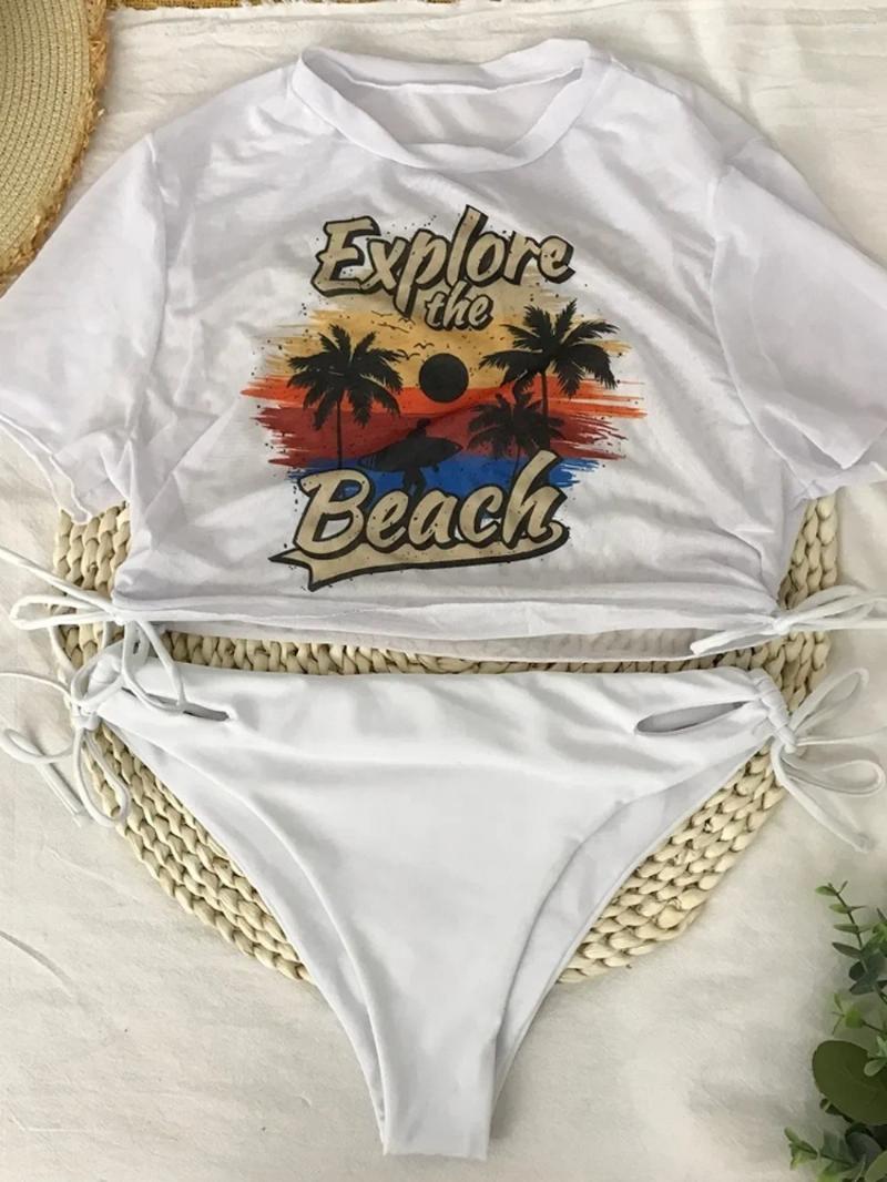 Womens Swimwear Women Coconut Palm Print Bikini Sets 2024 Short Sleeve Swimsuit Push Up High Waist Bathing Suit Young Style