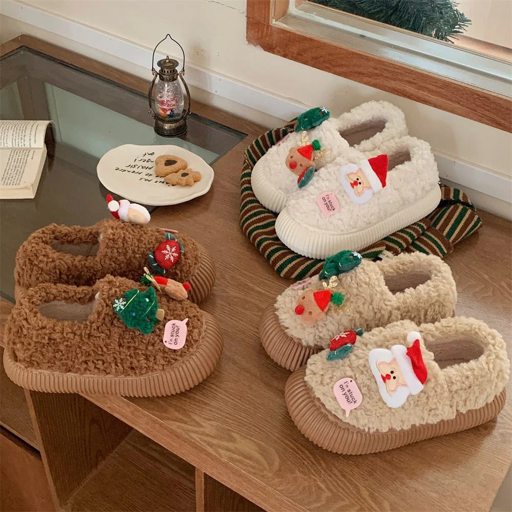Winter Cotton Warm Plush Fur Antiskid Christmas Slippers Deer Antler Cotton Mops Outdoor Breathable Sole Soft Home Couples Shoes 241126