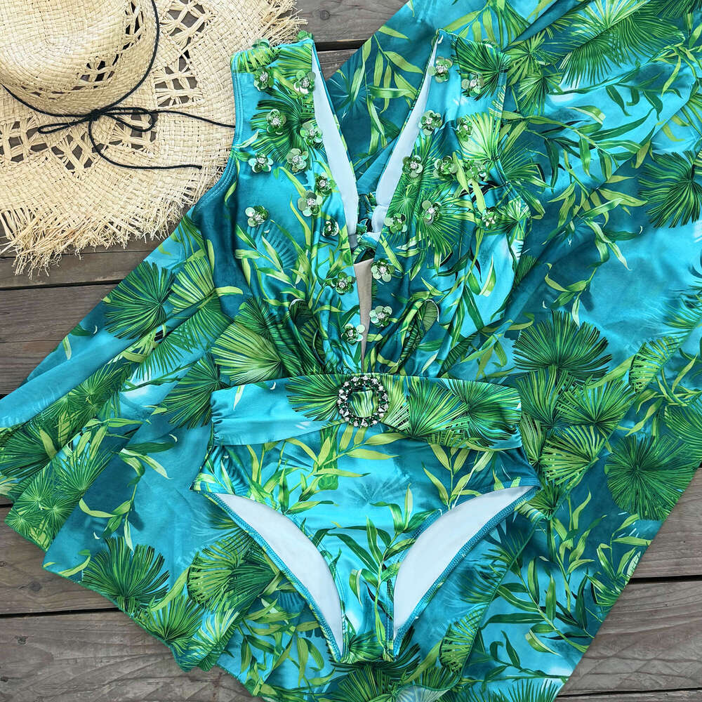 2024 New Elegant Women Swimsuit With Skirt High Waist Swimwear Cover-Up Female Skirts Fashion Printed Dress Beachwear