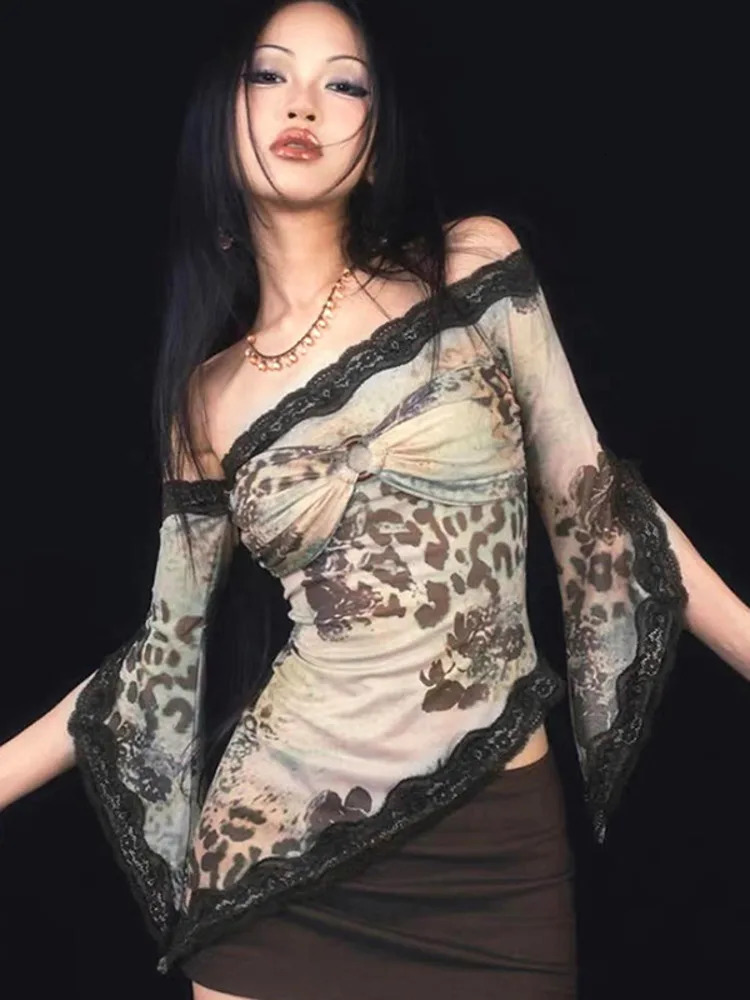 JULISSA MO Elegant Lace Patchwork Print Irregular Skew Collar Long Sleeve T-shirt Tops For Woemn Sexy Fashion Club Cropped Tops 240425