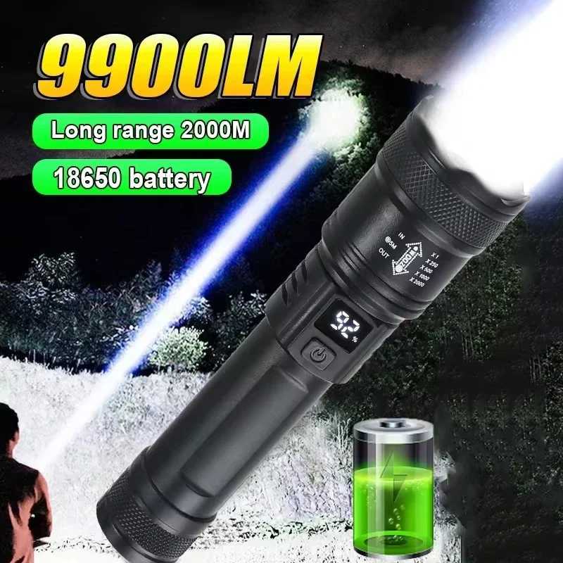9900LM Powerful LED Flashlight Battery Display USB Rechargeable Light Telescopic Zoom Torch Lamp Outdoor Camping Fishing Lantern Z250211