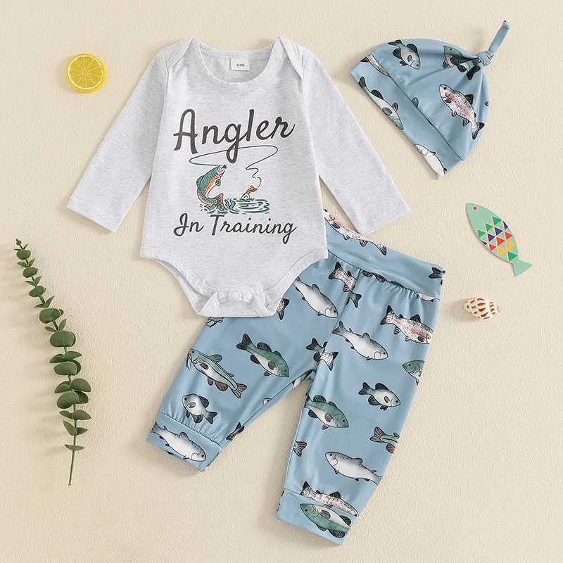 Clothing Sets Infant Boys 3-Piece Autumn Ensemble with Long-Sleeve Bodysuit Fish Patterned Trousers and Matching Beanie - Newborn Apparel H241126