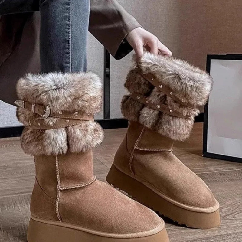 Womens Shoes Mid-Calf Womens Boots Fashion Belt Buckle Daily Boots Women Winter Round Toe Keep Warm Snow Boots 241114