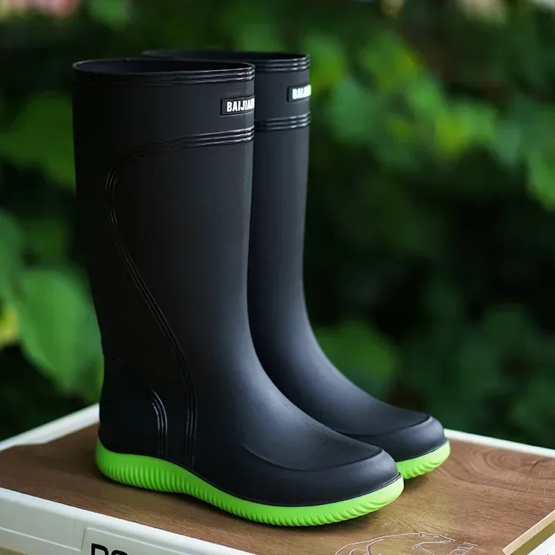 Mens rain boots long tube waterproof shoes anti slip safety work shoes black platform cotton high top jacket 241126