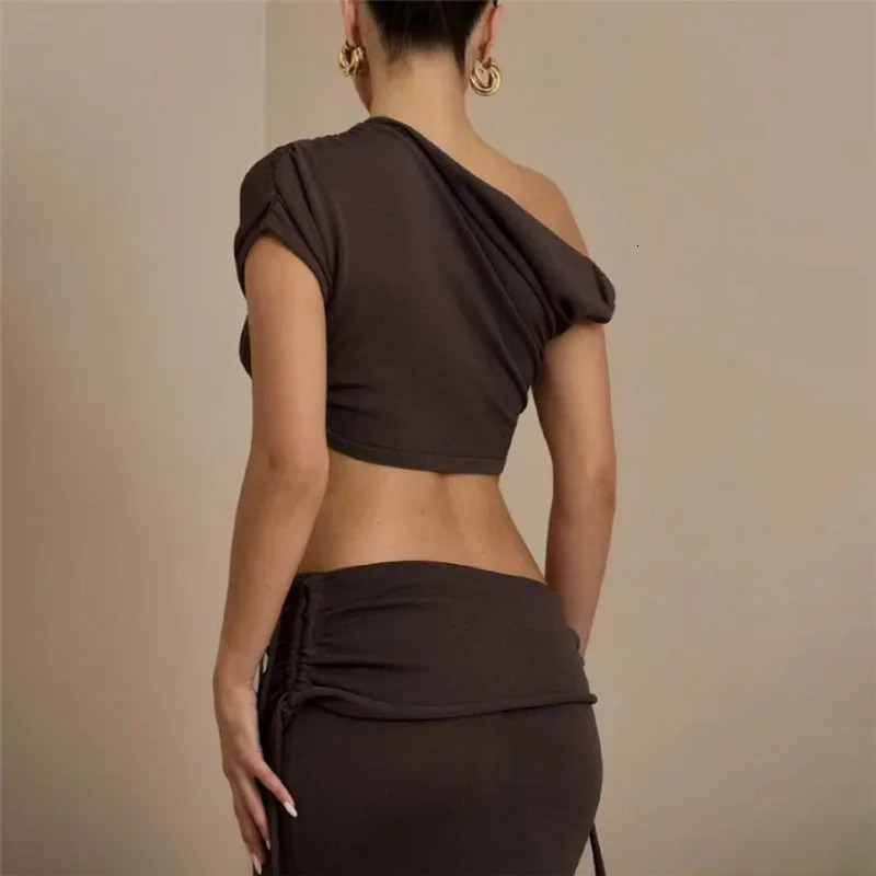 Summer Bandage Bodycon Dress Suits Women Y2K Streetwear Short Sleeve Crop Top Shirt and Maxi Long Skirts Two Piece Matching Sets 240423
