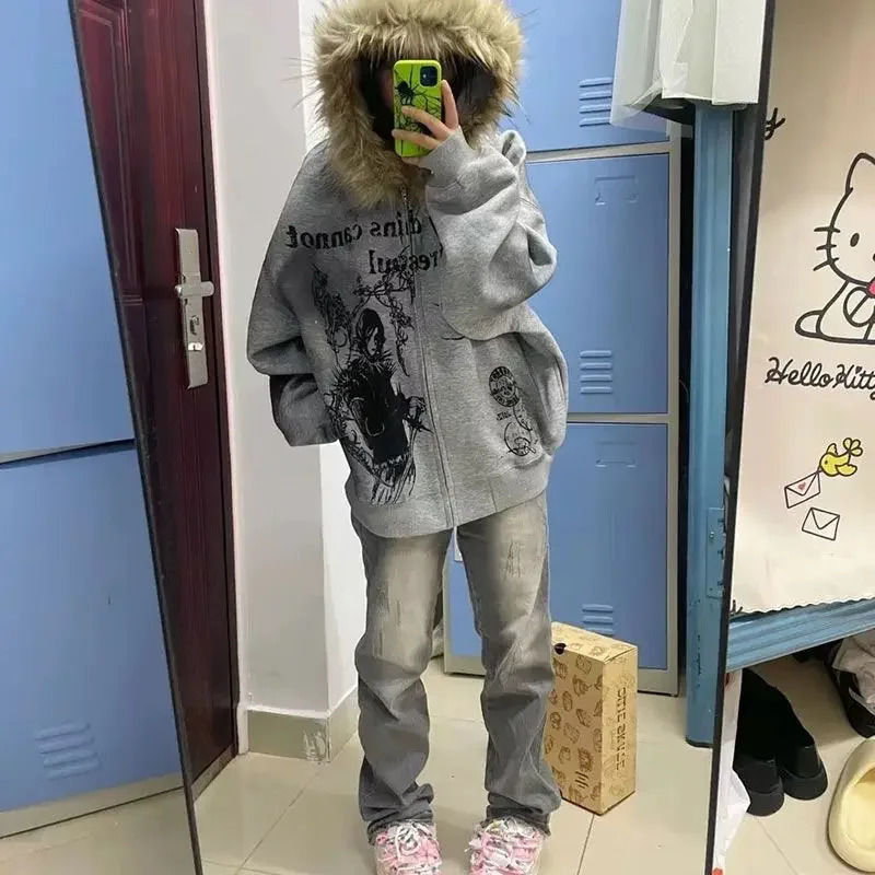 Y2K Neo Gothic Printed Hip Hop Fashion Elements Hoodie Loose Large Leather Collar Thick Coat Harajuku Jacket 241126