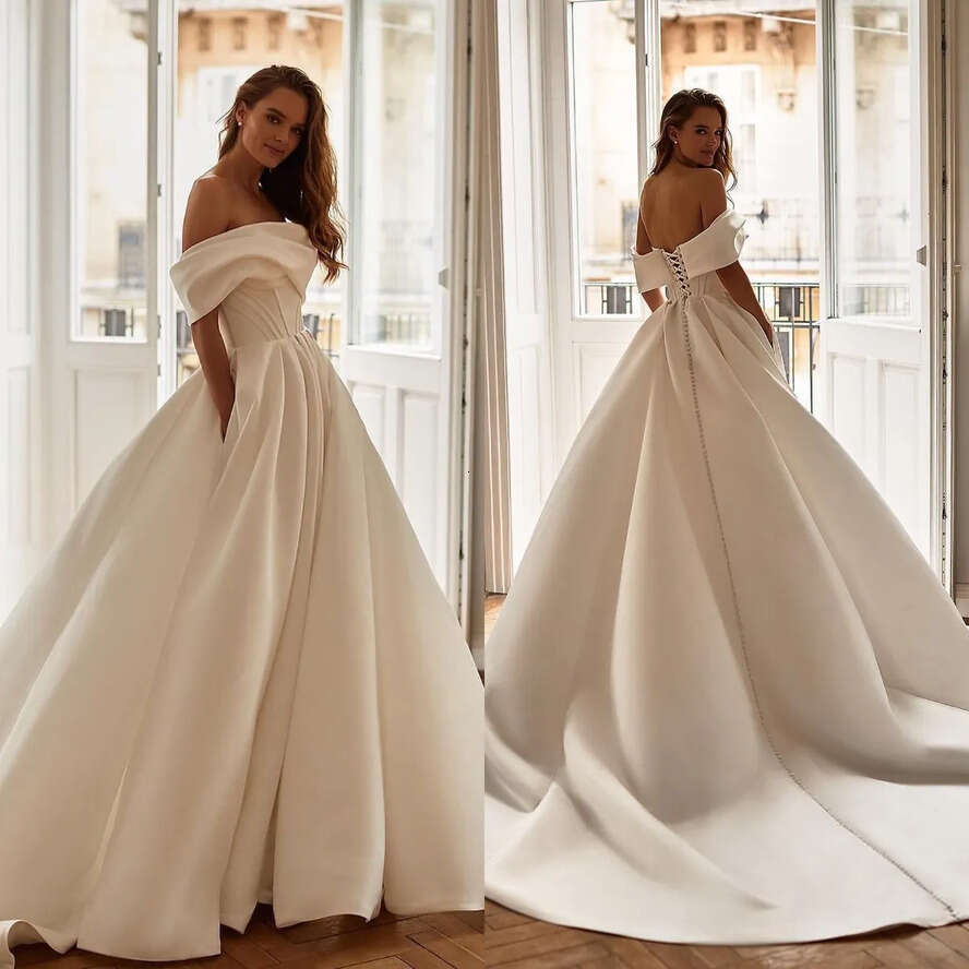 Nova Milla A E For Bride Off Shoulder Satin Countries Wedding Dresses Backless Buttons Designer Bridal Gowns Sweep Train