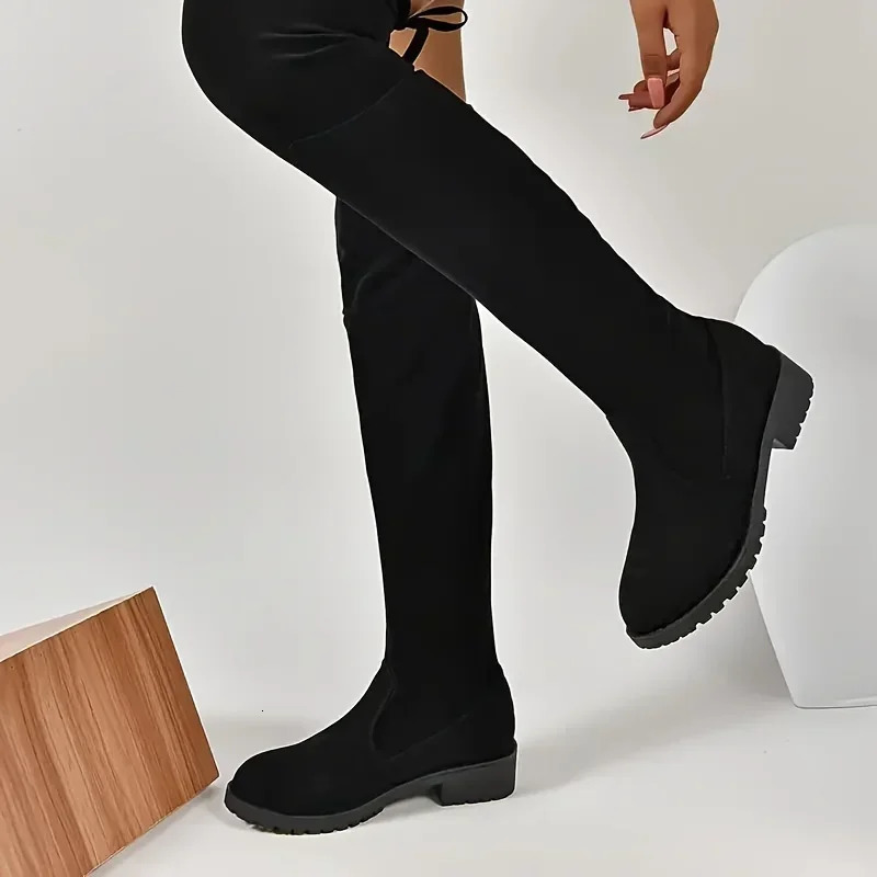 Faux Suede Female Heels Autumn Zipper Elastic Knee-high Boots for Women Tube Lace-up Thigh Gigh Boots Black Botas Mujer 241114