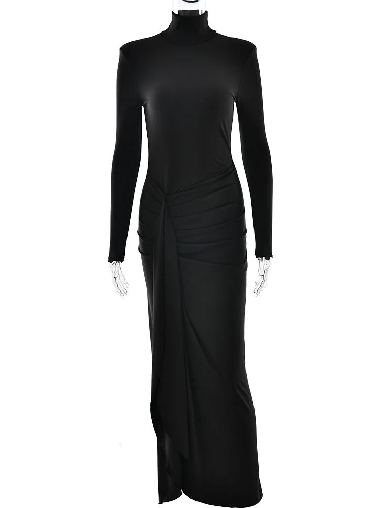 JULISSA MO sexy high seam bandage womens long skirt black turtle neck long sleeved dress womens winter ultra-thin elegant womens clothing 241125