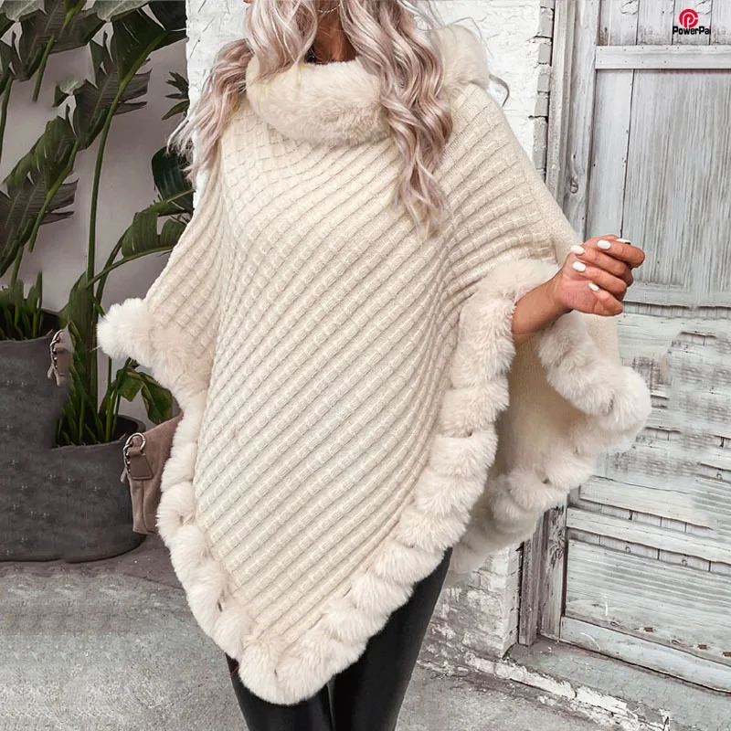 Fashion Plaid Stripes Faux Fur Pullover Cape Coat Women Autumn Winter Knit Poncho Cloak Wraps Travel Leisure Party Shawl 241112