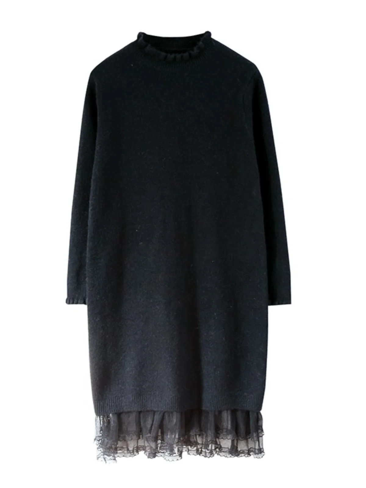 Lace Patchwork Knitted Sweater Dress Women Autumn Winter Korean Half High Collar Thick Mid Solid Loose Versatile Pullover 241112