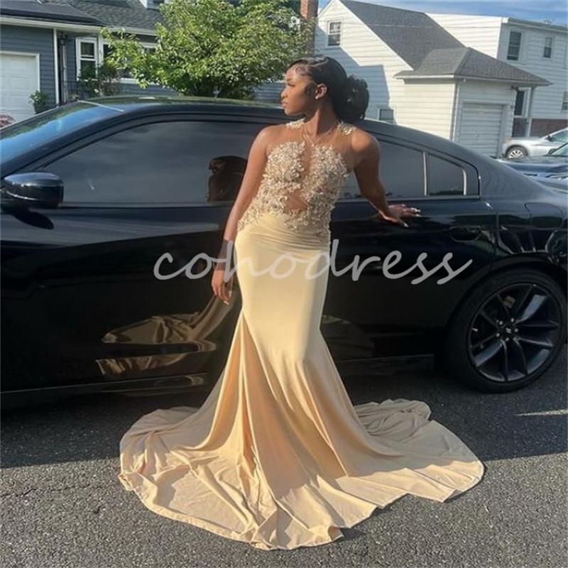 Black Girls Champagne Prom Dresses With Lace Elegant Sleeveless Mermaid Evening Gowns African Birthday Formal Party Robes De Soiree Vestio De Gala
