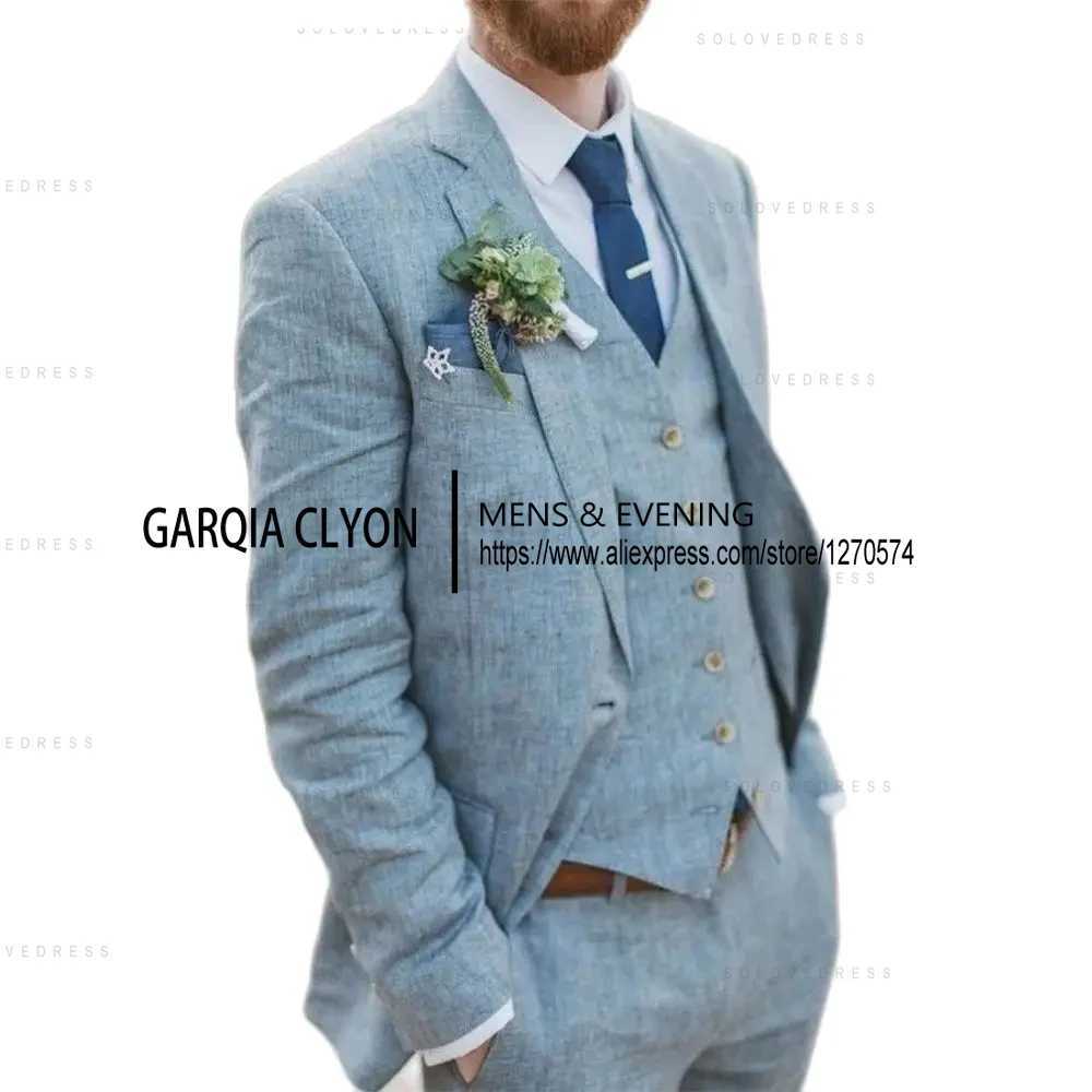 3 Piece Mens Retro Linen Men Suit Beach Wedding Suit Summer Slim Fit Linen Suit Groomsmen For Wedding (Blazer+Vest+Pants) X250704
