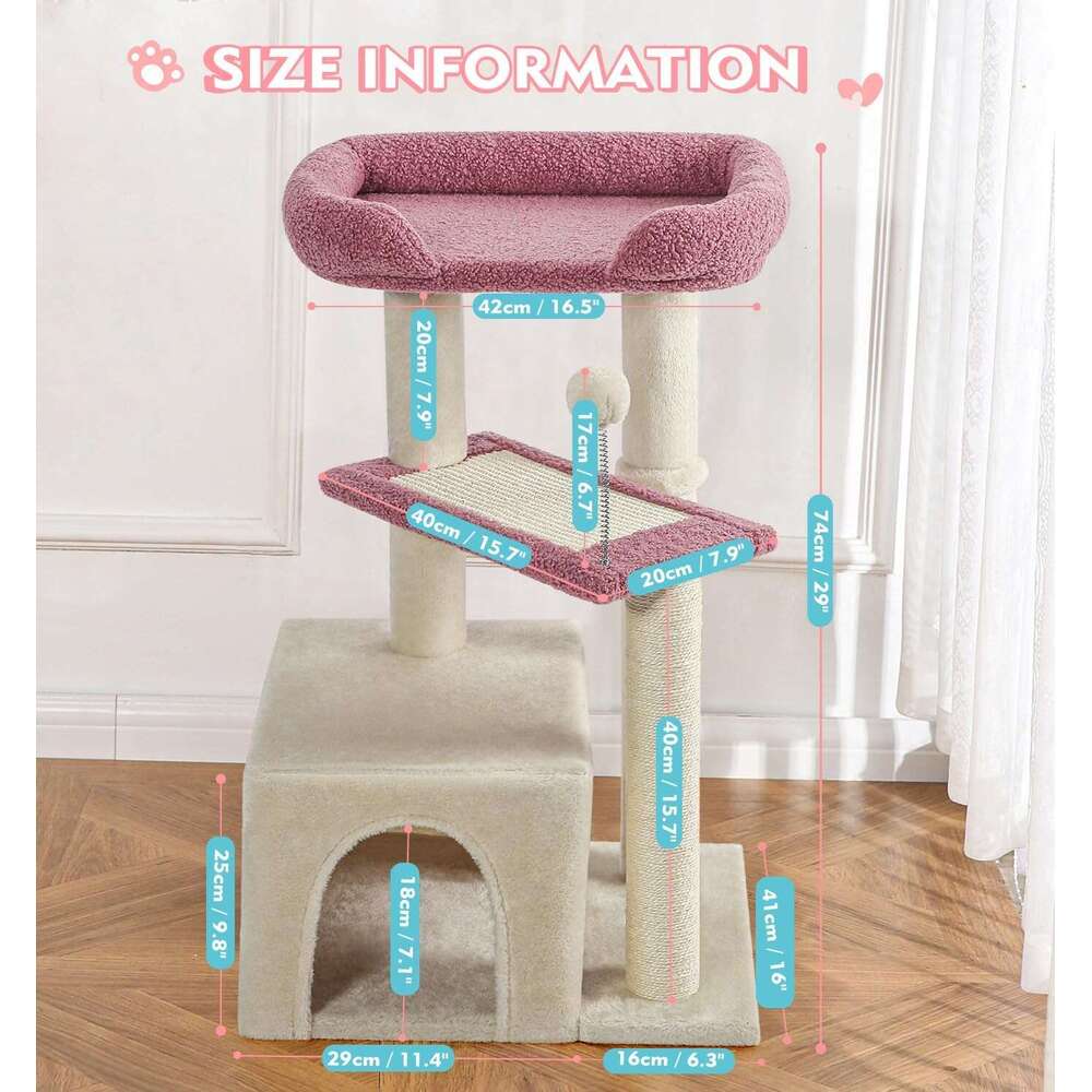 Made4Pets Cat Tree, Cat Tower Indoors Cute Wood Kitty Condo with Scratching Post Pad, 29" Multi-Level Modern Activity Climbing Furniture, Pink, 3