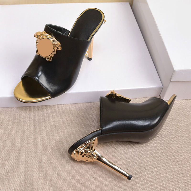 Calfskin Mule High Heels Slide Slippers Women Designer Sandals Summer Beach Shoes 10cm Metal Stiletto Heels Slip Slipper Mules Luxury Sandale Partydress Shoes