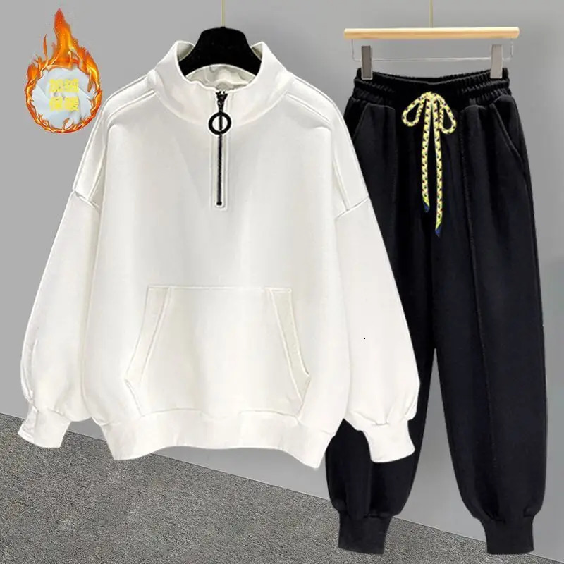 Hip Hop Half Neck Sweatshirt Set Autumn Winter Trend Versatile Zipper Plush Thick Coat Slow Running Pants Mens Street Clothing 241126
